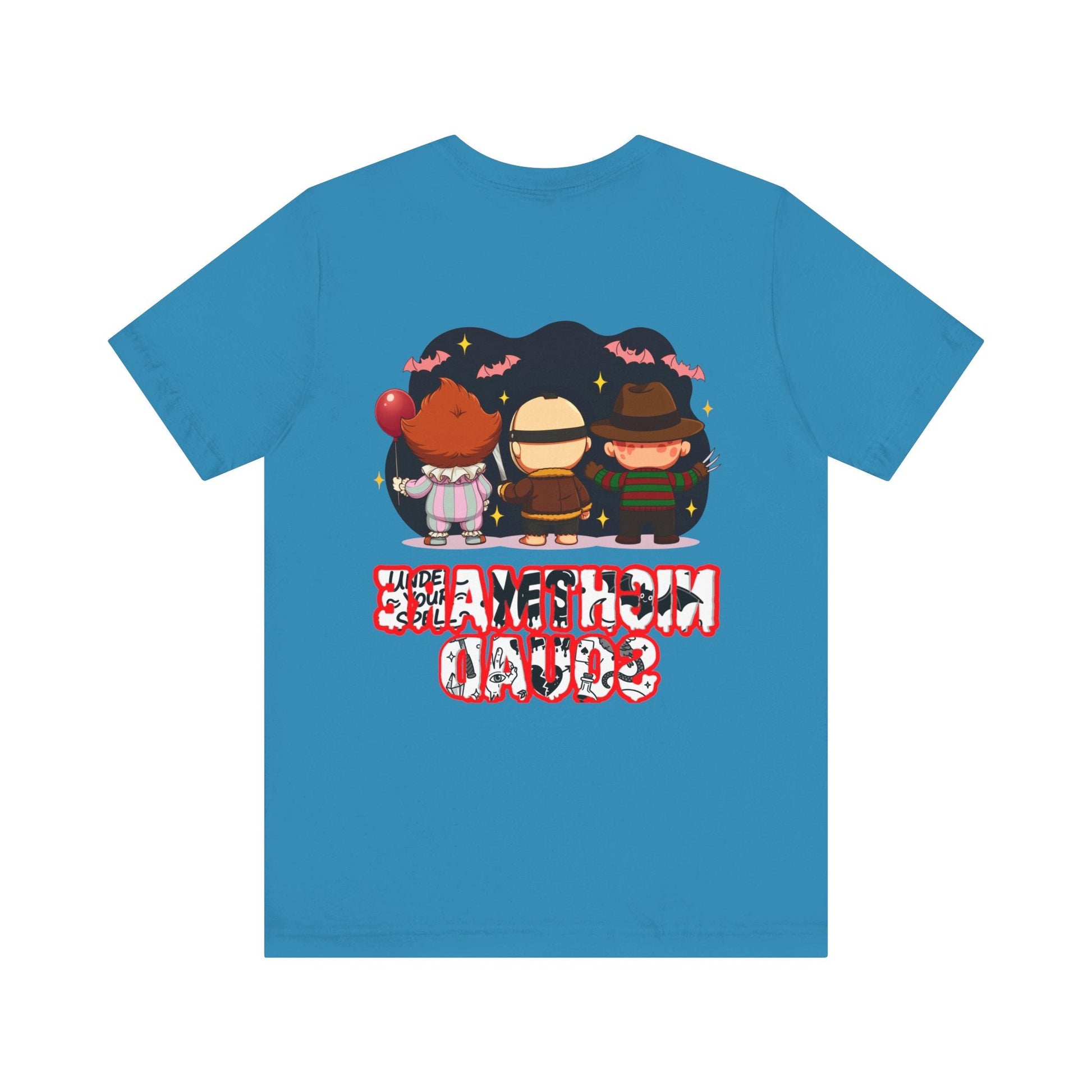 Nightmare Squad Spooky Trio Unisex T‑Shirt | Cute Halloween Graphic Tee | Soft Cotton Front & Back Print – Custom T-Shirt by PixelCraft360, unique decoration for events and special gifts
