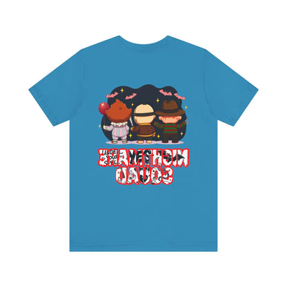 Nightmare Squad Spooky Trio Unisex T‑Shirt | Cute Halloween Graphic Tee | Soft Cotton Front & Back Print – Custom T-Shirt by PixelCraft360, unique decoration for events and special gifts