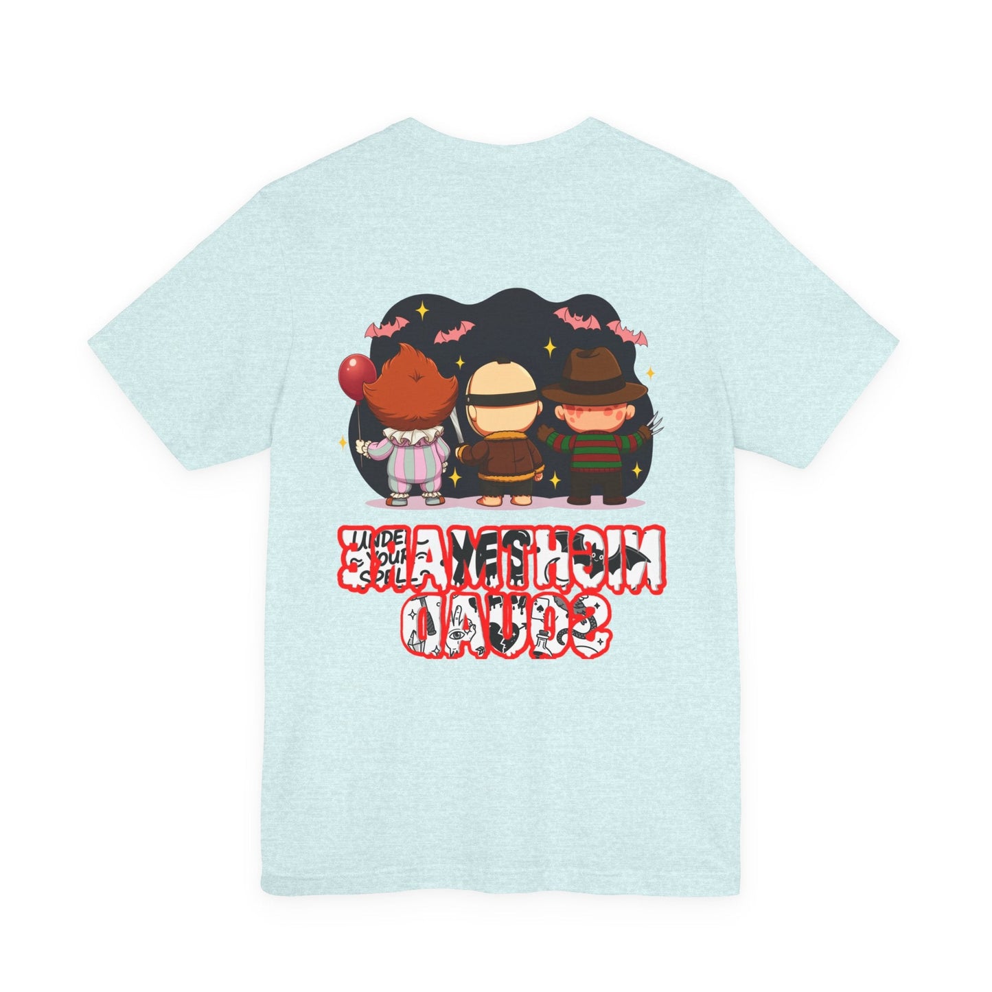 Nightmare Squad Spooky Trio Unisex T‑Shirt | Cute Halloween Graphic Tee | Soft Cotton Front & Back Print – Custom T-Shirt by PixelCraft360, unique decoration for events and special gifts