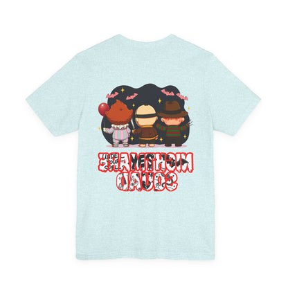 Nightmare Squad Spooky Trio Unisex T‑Shirt | Cute Halloween Graphic Tee | Soft Cotton Front & Back Print – Custom T-Shirt by PixelCraft360, unique decoration for events and special gifts