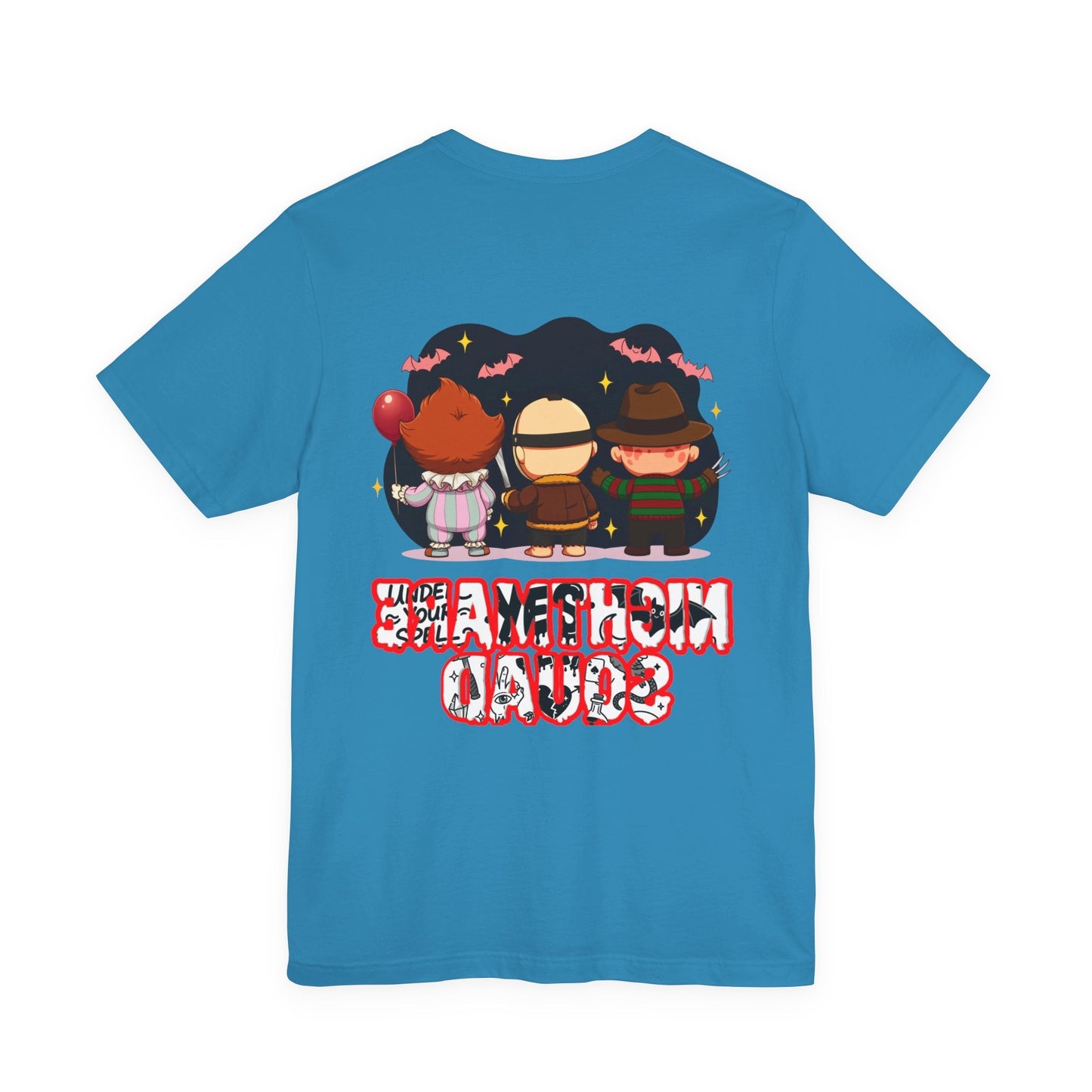 Nightmare Squad Spooky Trio Unisex T‑Shirt | Cute Halloween Graphic Tee | Soft Cotton Front & Back Print – Custom T-Shirt by PixelCraft360, unique decoration for events and special gifts
