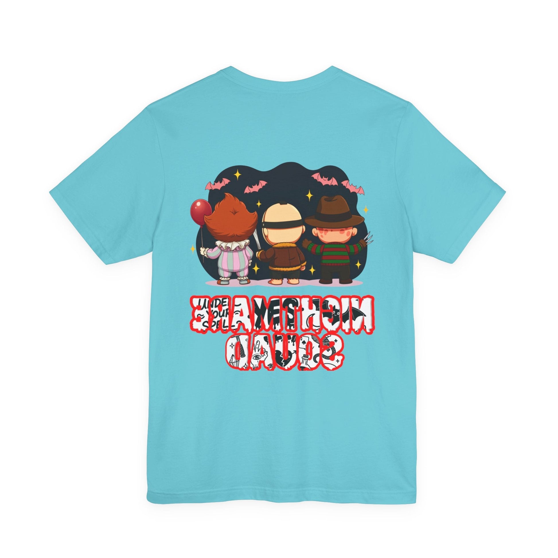 Nightmare Squad Spooky Trio Unisex T‑Shirt | Cute Halloween Graphic Tee | Soft Cotton Front & Back Print – Custom T-Shirt by PixelCraft360, unique decoration for events and special gifts