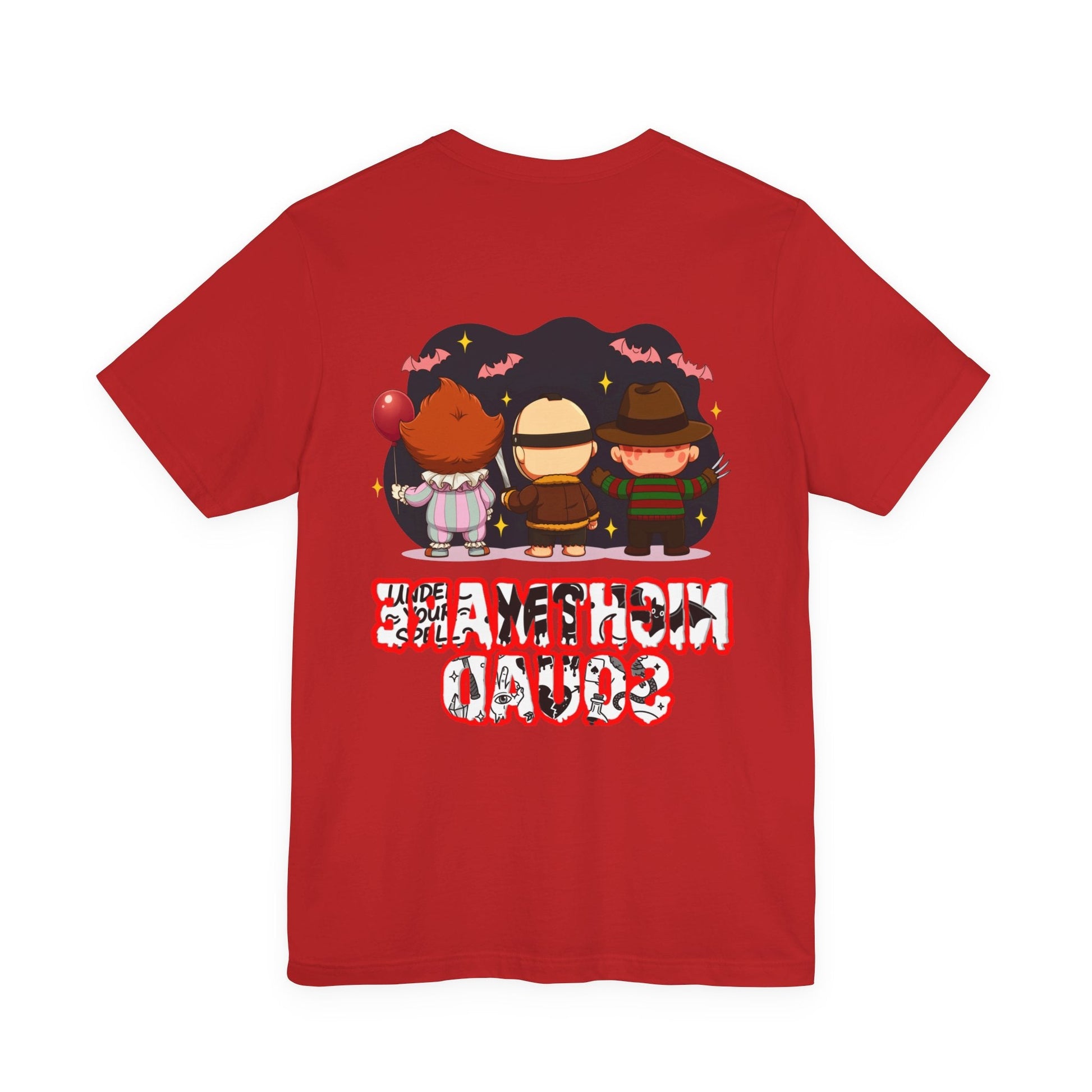 Nightmare Squad Spooky Trio Unisex T‑Shirt | Cute Halloween Graphic Tee | Soft Cotton Front & Back Print – Custom T-Shirt by PixelCraft360, unique decoration for events and special gifts