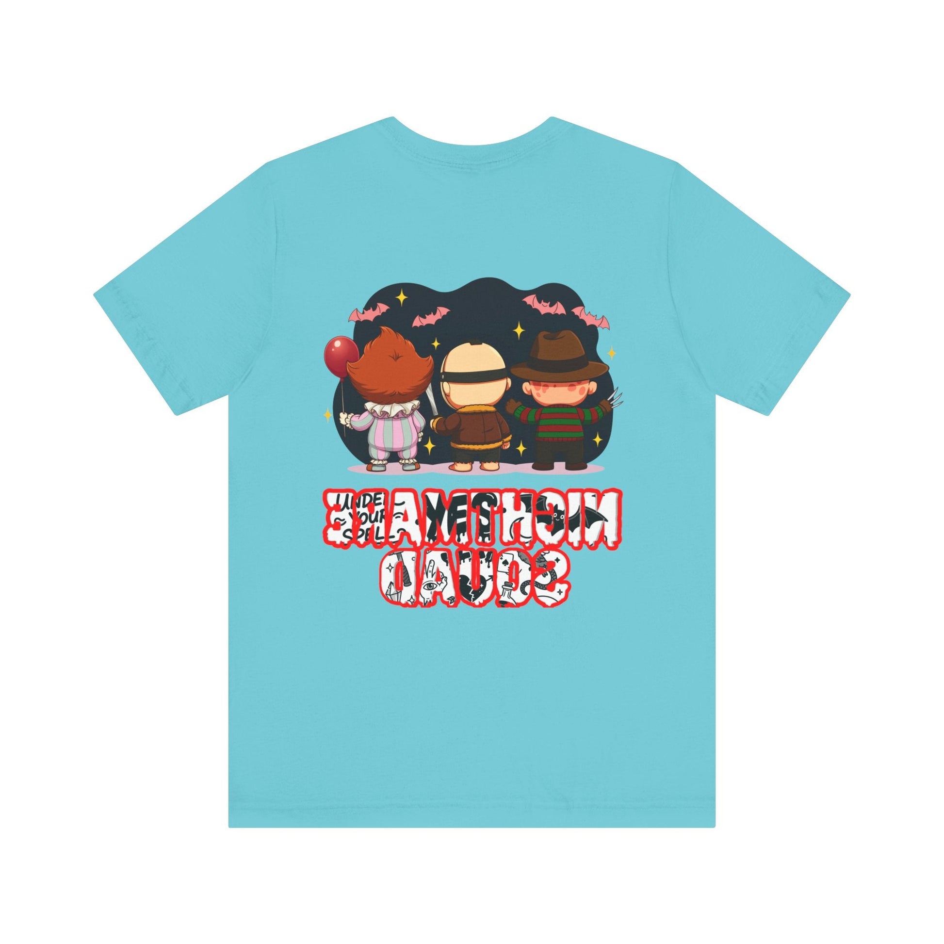 Nightmare Squad Spooky Trio Unisex T‑Shirt | Cute Halloween Graphic Tee | Soft Cotton Front & Back Print – Custom T-Shirt by PixelCraft360, unique decoration for events and special gifts