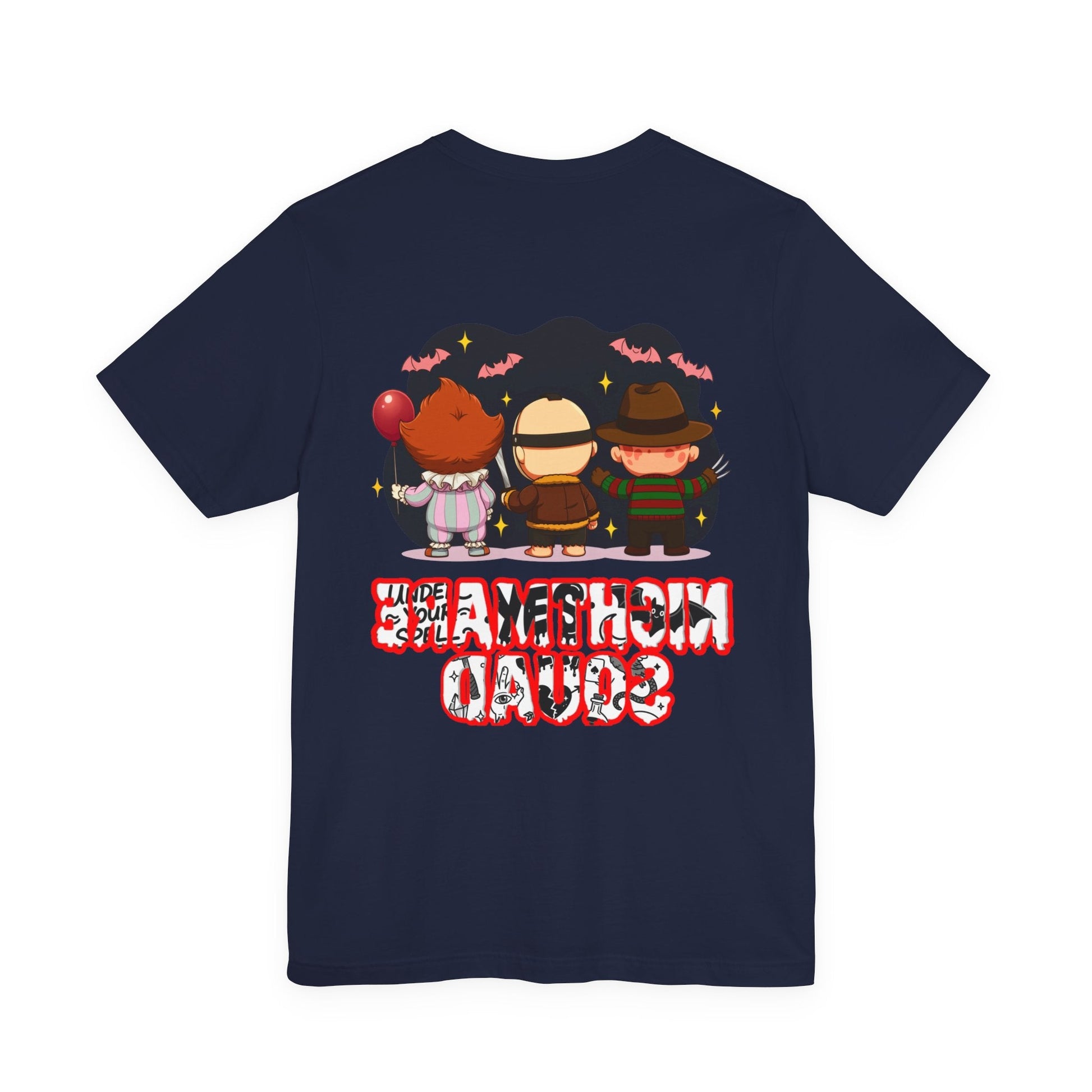 Nightmare Squad Spooky Trio Unisex T‑Shirt | Cute Halloween Graphic Tee | Soft Cotton Front & Back Print – Custom T-Shirt by PixelCraft360, unique decoration for events and special gifts