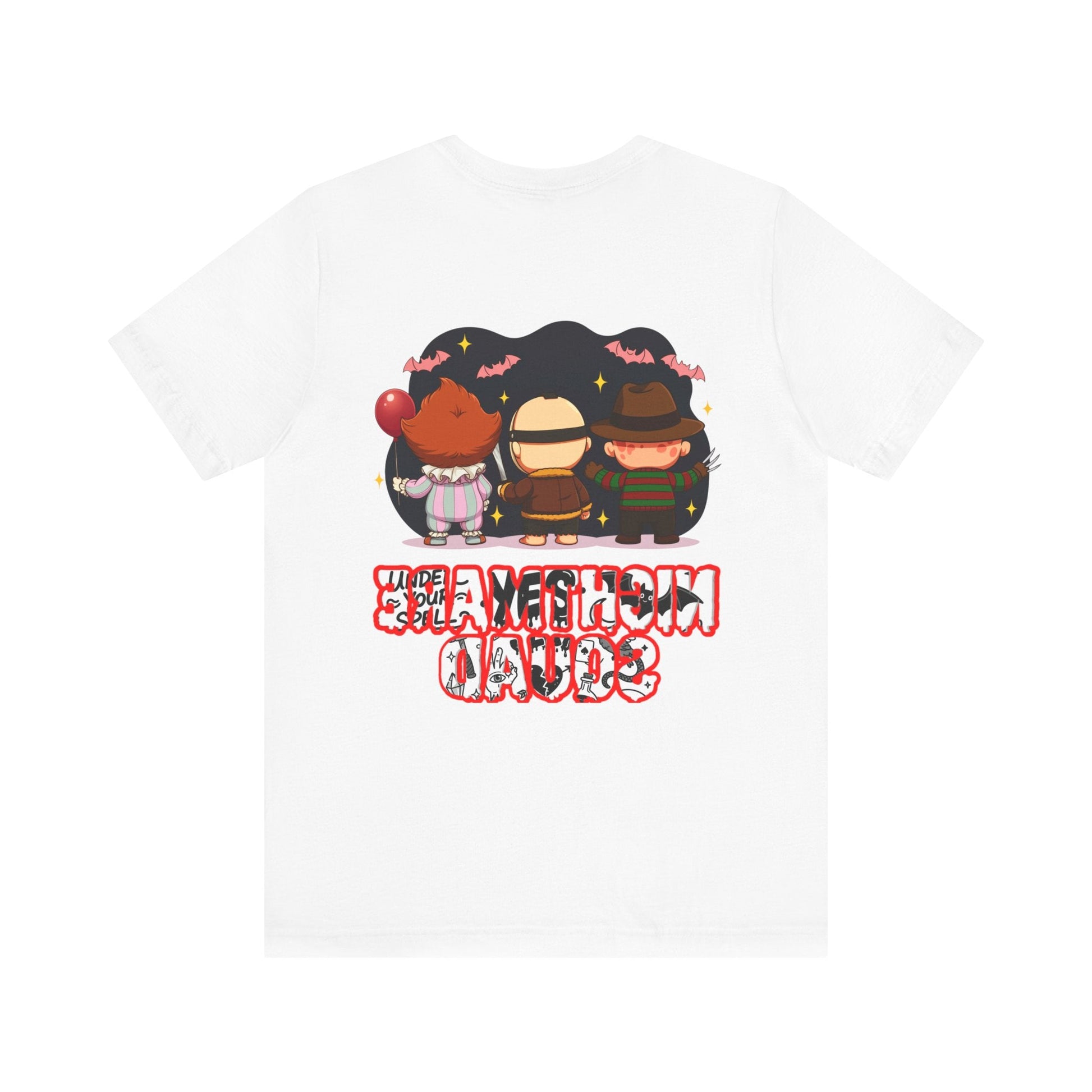Nightmare Squad Spooky Trio Unisex T‑Shirt | Cute Halloween Graphic Tee | Soft Cotton Front & Back Print – Custom T-Shirt by PixelCraft360, unique decoration for events and special gifts