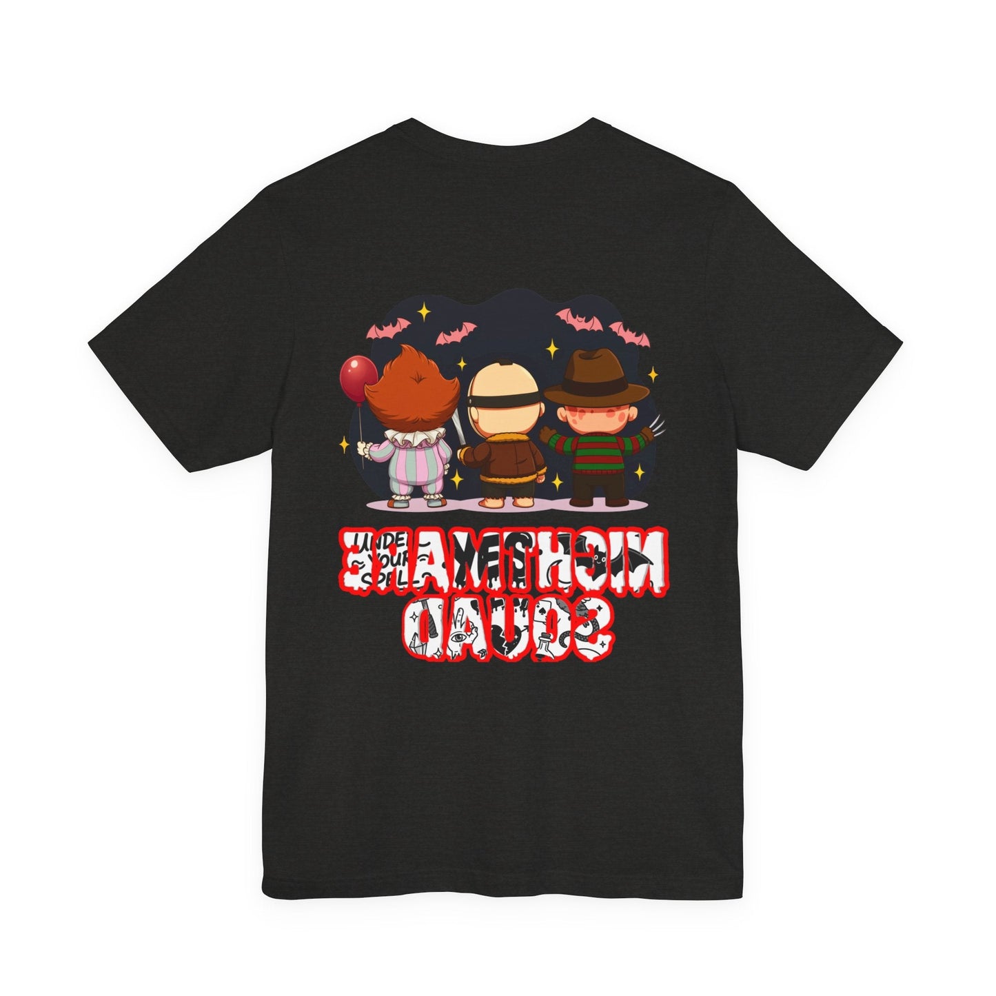 Nightmare Squad Spooky Trio Unisex T‑Shirt | Cute Halloween Graphic Tee | Soft Cotton Front & Back Print – Custom T-Shirt by PixelCraft360, unique decoration for events and special gifts