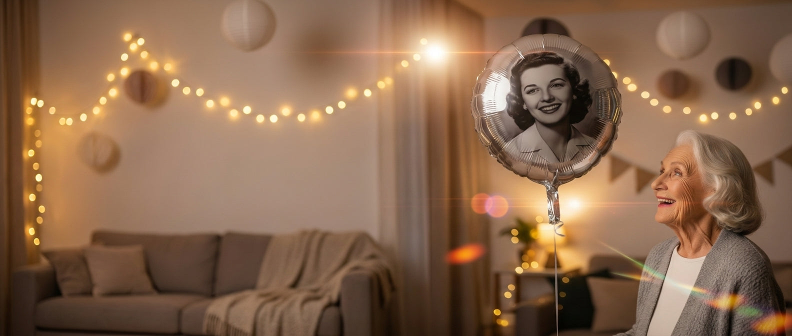 Grandmother smiling at a personalized photo balloon with a vintage portrait — PixelCraft360 custom balloons