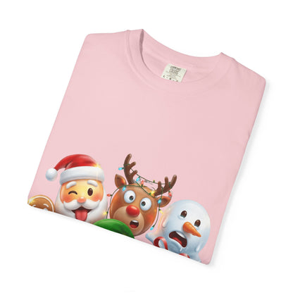 Playful Christmas Emoji Characters T-shirt | Santa Reindeer Snowman Elf Gingerbread – Custom T-Shirt by PixelCraft360, unique decoration for events and special gifts