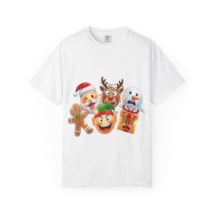Playful Christmas Emoji Characters T-shirt | Santa Reindeer Snowman Elf Gingerbread – Custom T-Shirt by PixelCraft360, unique decoration for events and special gifts