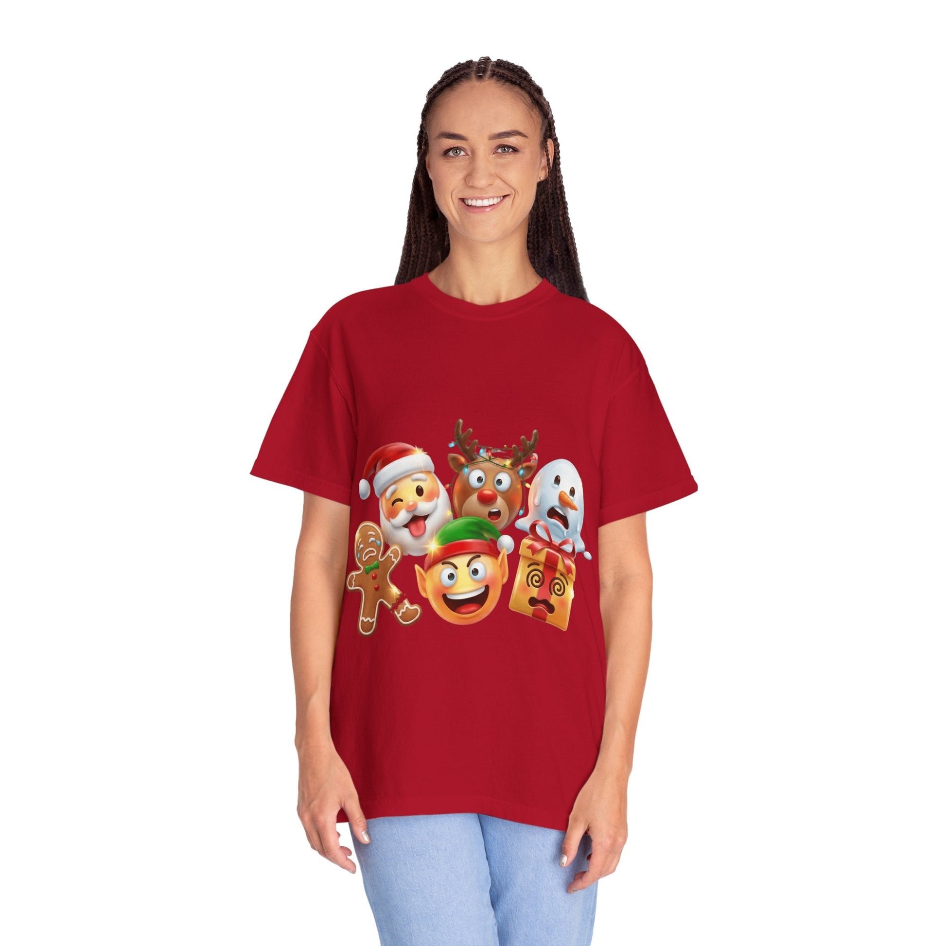 Playful Christmas Emoji Characters T-shirt | Santa Reindeer Snowman Elf Gingerbread – Custom T-Shirt by PixelCraft360, unique decoration for events and special gifts