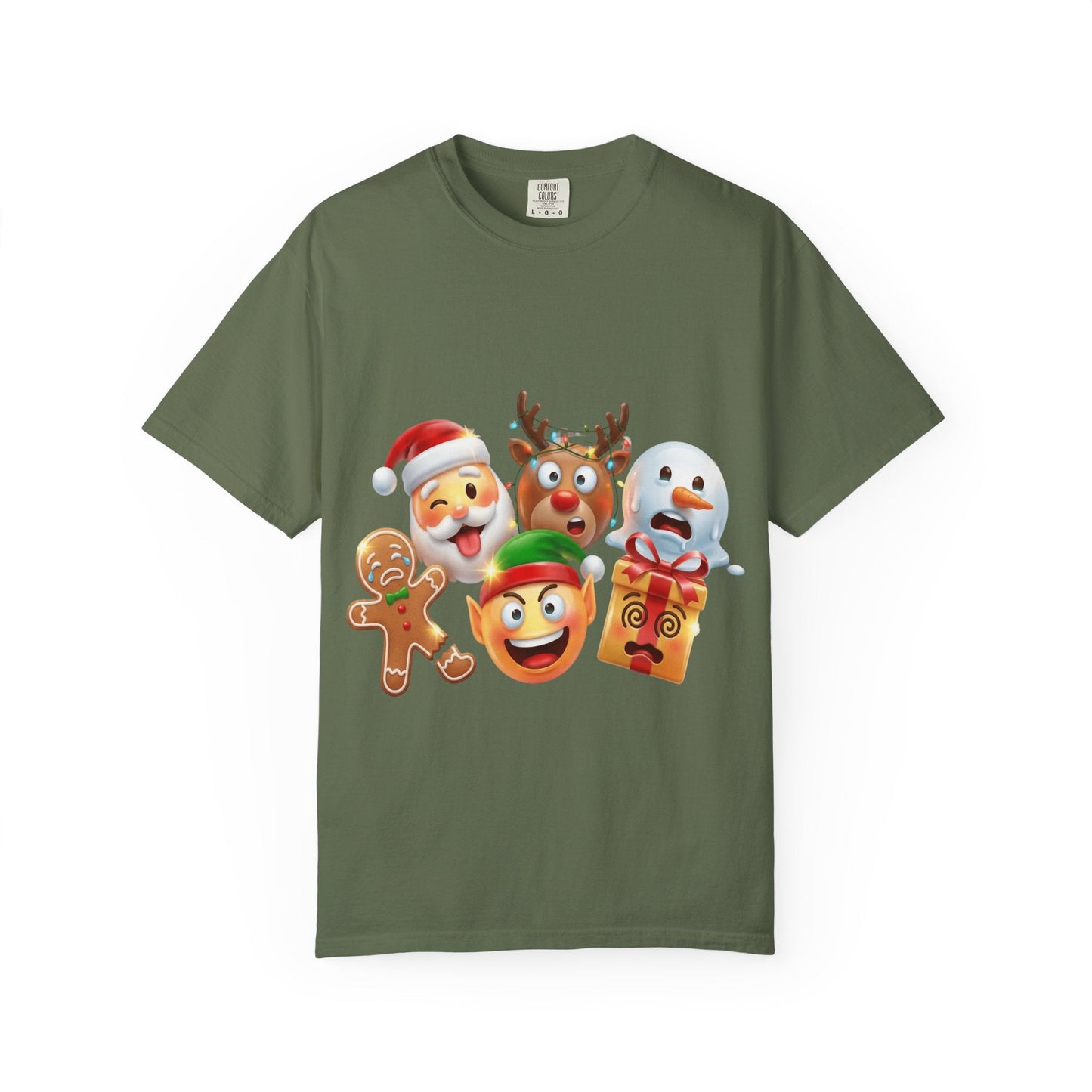 Playful Christmas Emoji Characters T-shirt | Santa Reindeer Snowman Elf Gingerbread – Custom T-Shirt by PixelCraft360, unique decoration for events and special gifts
