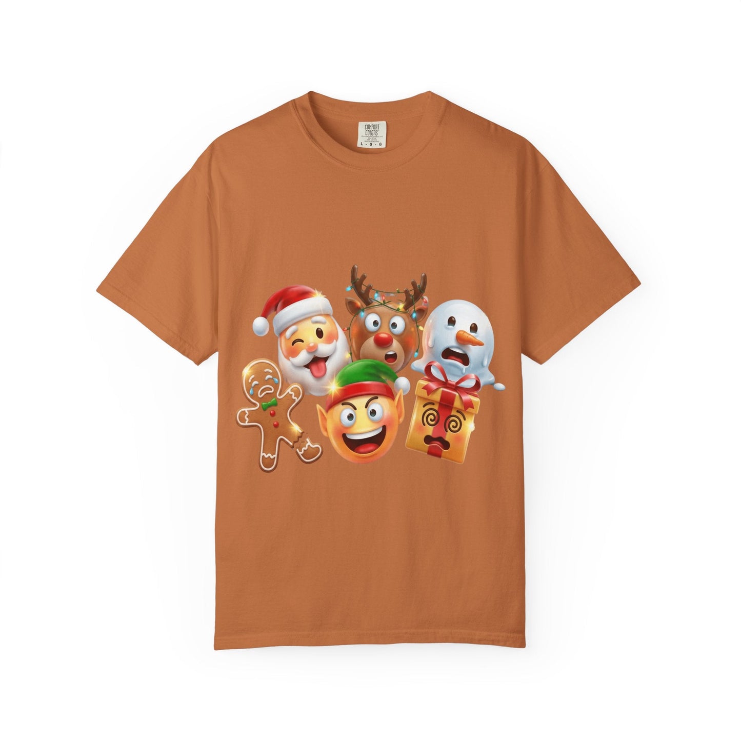 Playful Christmas Emoji Characters T-shirt | Santa Reindeer Snowman Elf Gingerbread – Custom T-Shirt by PixelCraft360, unique decoration for events and special gifts
