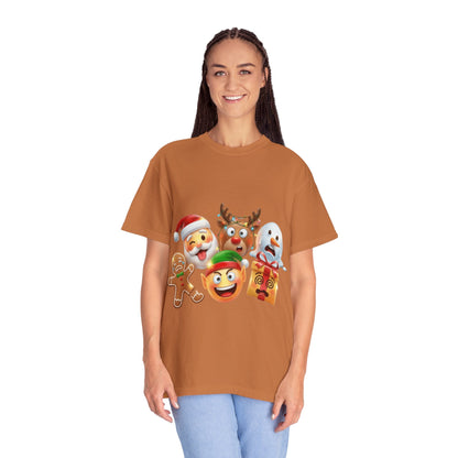 Playful Christmas Emoji Characters T-shirt | Santa Reindeer Snowman Elf Gingerbread – Custom T-Shirt by PixelCraft360, unique decoration for events and special gifts