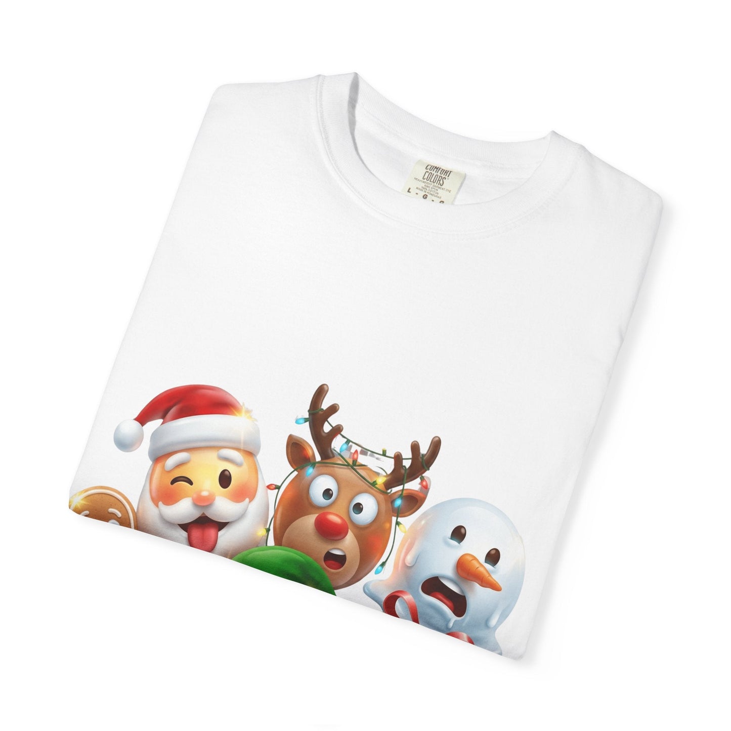 Playful Christmas Emoji Characters T-shirt | Santa Reindeer Snowman Elf Gingerbread – Custom T-Shirt by PixelCraft360, unique decoration for events and special gifts