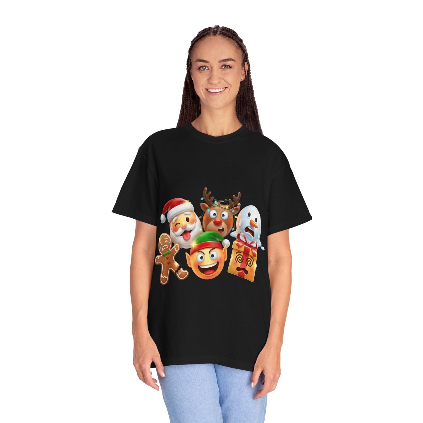 Playful Christmas Emoji Characters T-shirt | Santa Reindeer Snowman Elf Gingerbread – Custom T-Shirt by PixelCraft360, unique decoration for events and special gifts