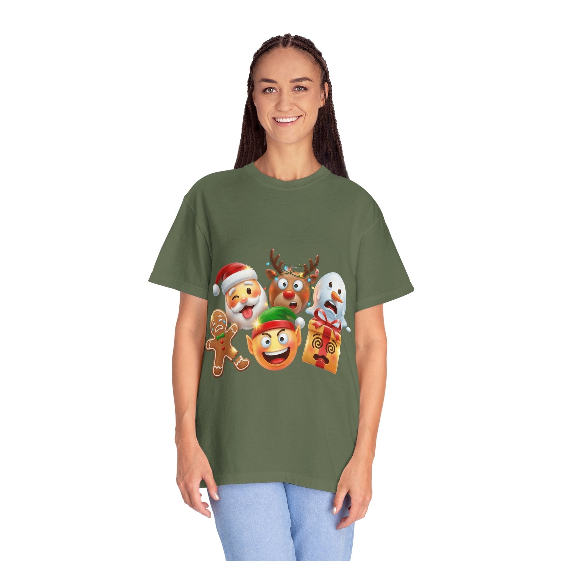 Playful Christmas Emoji Characters T-shirt | Santa Reindeer Snowman Elf Gingerbread – Custom T-Shirt by PixelCraft360, unique decoration for events and special gifts