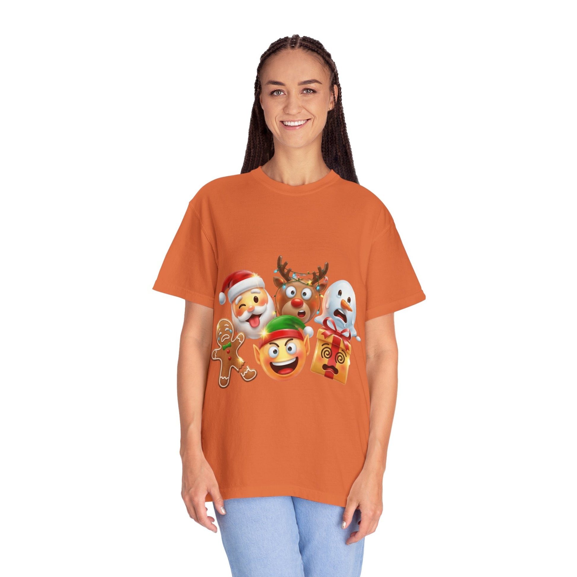 Playful Christmas Emoji Characters T-shirt | Santa Reindeer Snowman Elf Gingerbread – Custom T-Shirt by PixelCraft360, unique decoration for events and special gifts