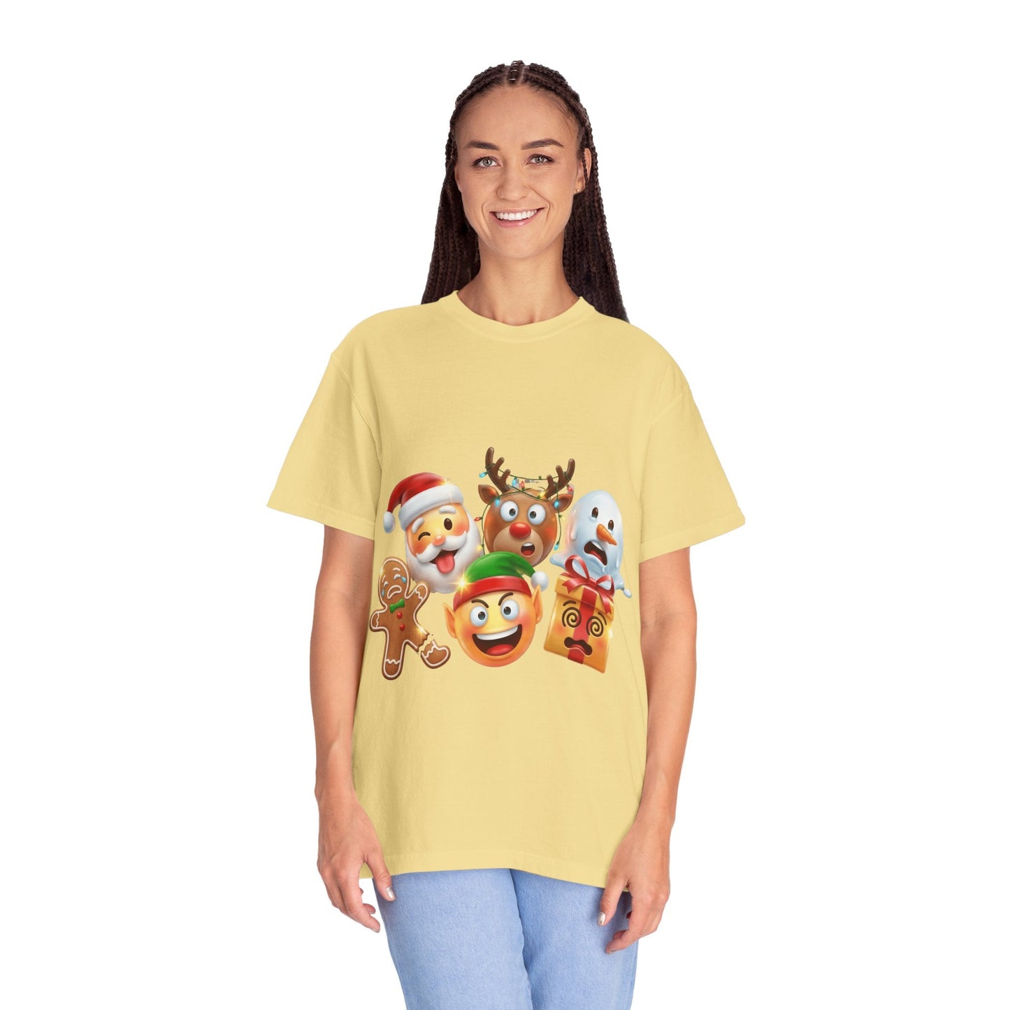 Playful Christmas Emoji Characters T-shirt | Santa Reindeer Snowman Elf Gingerbread – Custom T-Shirt by PixelCraft360, unique decoration for events and special gifts