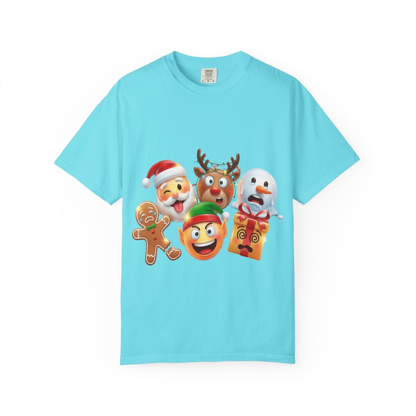 Playful Christmas Emoji Characters T-shirt | Santa Reindeer Snowman Elf Gingerbread – Custom T-Shirt by PixelCraft360, unique decoration for events and special gifts