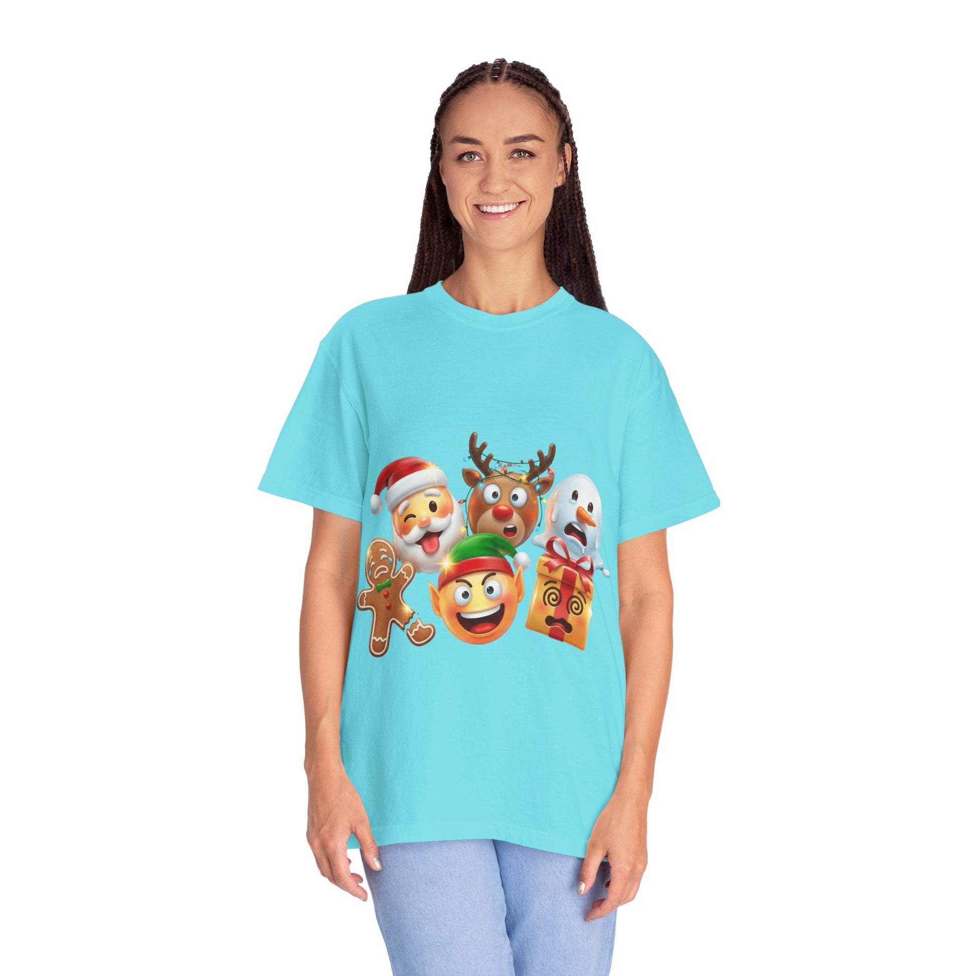 Playful Christmas Emoji Characters T-shirt | Santa Reindeer Snowman Elf Gingerbread – Custom T-Shirt by PixelCraft360, unique decoration for events and special gifts