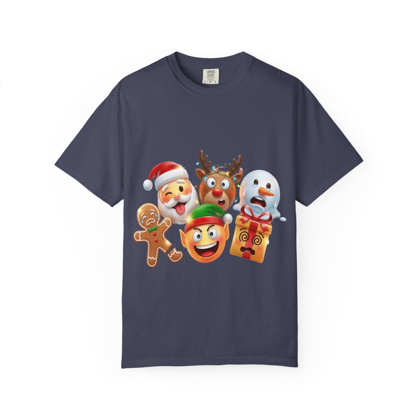 Playful Christmas Emoji Characters T-shirt | Santa Reindeer Snowman Elf Gingerbread – Custom T-Shirt by PixelCraft360, unique decoration for events and special gifts