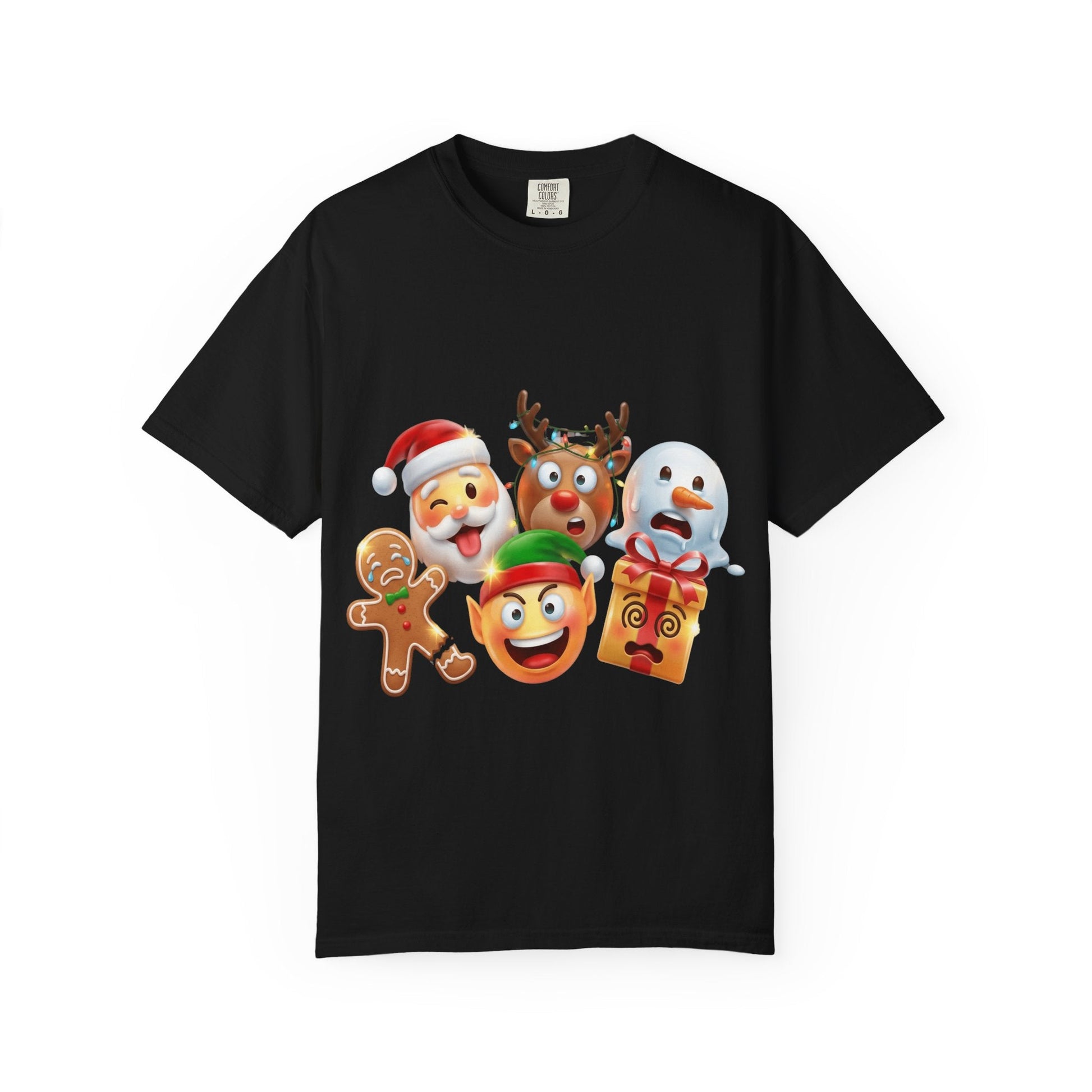 Playful Christmas Emoji Characters T-shirt | Santa Reindeer Snowman Elf Gingerbread – Custom T-Shirt by PixelCraft360, unique decoration for events and special gifts