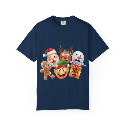 Playful Christmas Emoji Characters T-shirt | Santa Reindeer Snowman Elf Gingerbread – Custom T-Shirt by PixelCraft360, unique decoration for events and special gifts