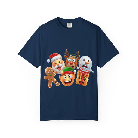 Playful Christmas Emoji Characters T-shirt | Santa Reindeer Snowman Elf Gingerbread – Custom T-Shirt by PixelCraft360, unique decoration for events and special gifts