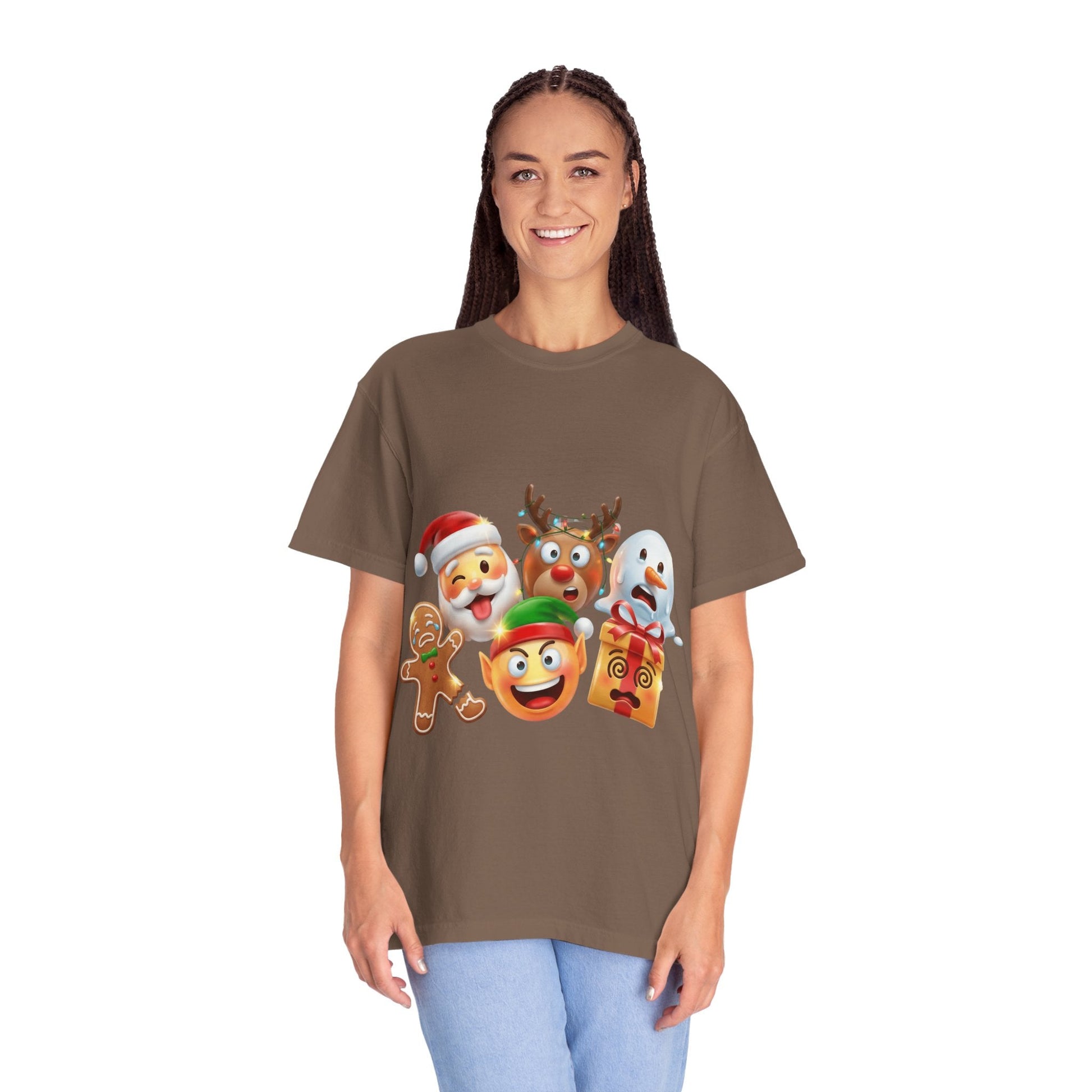 Playful Christmas Emoji Characters T-shirt | Santa Reindeer Snowman Elf Gingerbread – Custom T-Shirt by PixelCraft360, unique decoration for events and special gifts