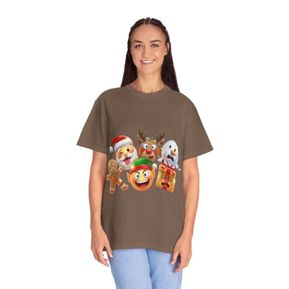 Playful Christmas Emoji Characters T-shirt | Santa Reindeer Snowman Elf Gingerbread – Custom T-Shirt by PixelCraft360, unique decoration for events and special gifts
