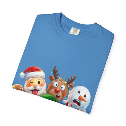 Playful Christmas Emoji Characters T-shirt | Santa Reindeer Snowman Elf Gingerbread – Custom T-Shirt by PixelCraft360, unique decoration for events and special gifts