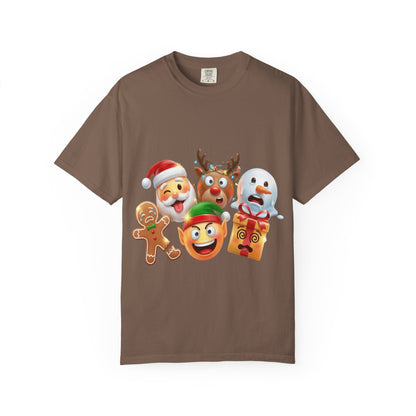Playful Christmas Emoji Characters T-shirt | Santa Reindeer Snowman Elf Gingerbread – Custom T-Shirt by PixelCraft360, unique decoration for events and special gifts