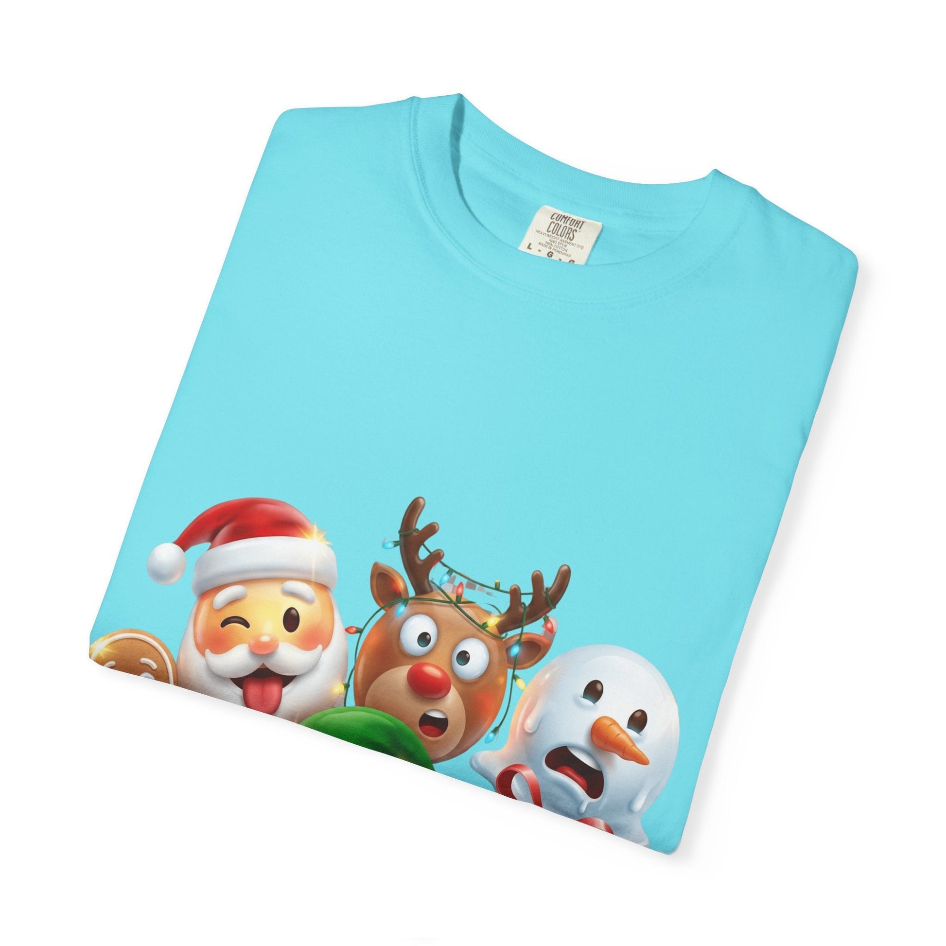 Playful Christmas Emoji Characters T-shirt | Santa Reindeer Snowman Elf Gingerbread – Custom T-Shirt by PixelCraft360, unique decoration for events and special gifts