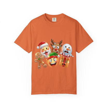 Playful Christmas Emoji Characters T-shirt | Santa Reindeer Snowman Elf Gingerbread – Custom T-Shirt by PixelCraft360, unique decoration for events and special gifts