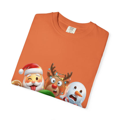 Playful Christmas Emoji Characters T-shirt | Santa Reindeer Snowman Elf Gingerbread – Custom T-Shirt by PixelCraft360, unique decoration for events and special gifts