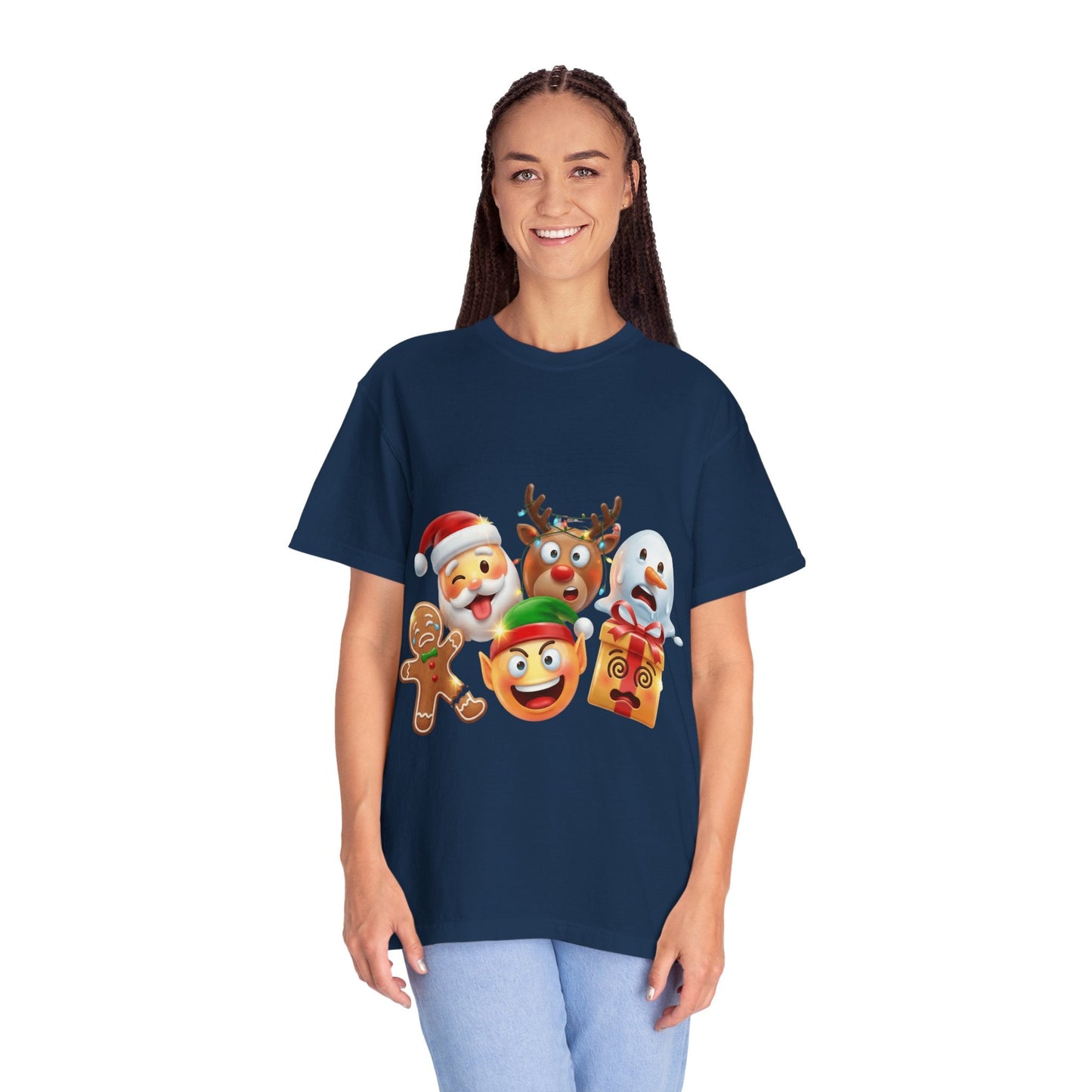 Playful Christmas Emoji Characters T-shirt | Santa Reindeer Snowman Elf Gingerbread – Custom T-Shirt by PixelCraft360, unique decoration for events and special gifts