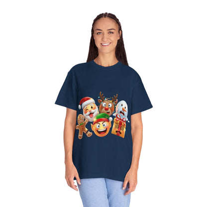 Playful Christmas Emoji Characters T-shirt | Santa Reindeer Snowman Elf Gingerbread – Custom T-Shirt by PixelCraft360, unique decoration for events and special gifts