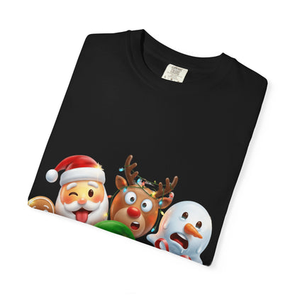 Playful Christmas Emoji Characters T-shirt | Santa Reindeer Snowman Elf Gingerbread – Custom T-Shirt by PixelCraft360, unique decoration for events and special gifts