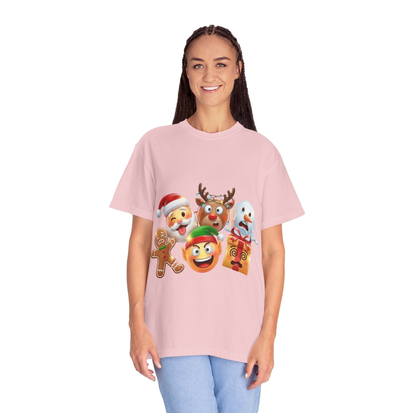Playful Christmas Emoji Characters T-shirt | Santa Reindeer Snowman Elf Gingerbread – Custom T-Shirt by PixelCraft360, unique decoration for events and special gifts