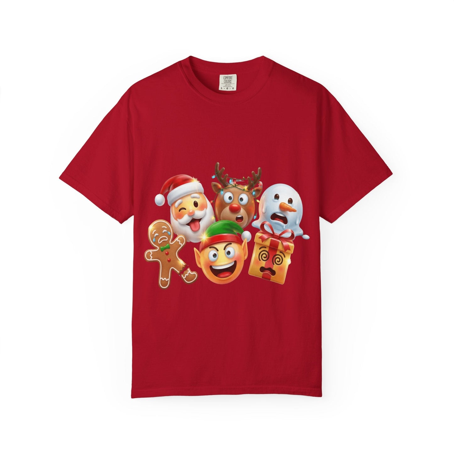 Playful Christmas Emoji Characters T-shirt | Santa Reindeer Snowman Elf Gingerbread – Custom T-Shirt by PixelCraft360, unique decoration for events and special gifts
