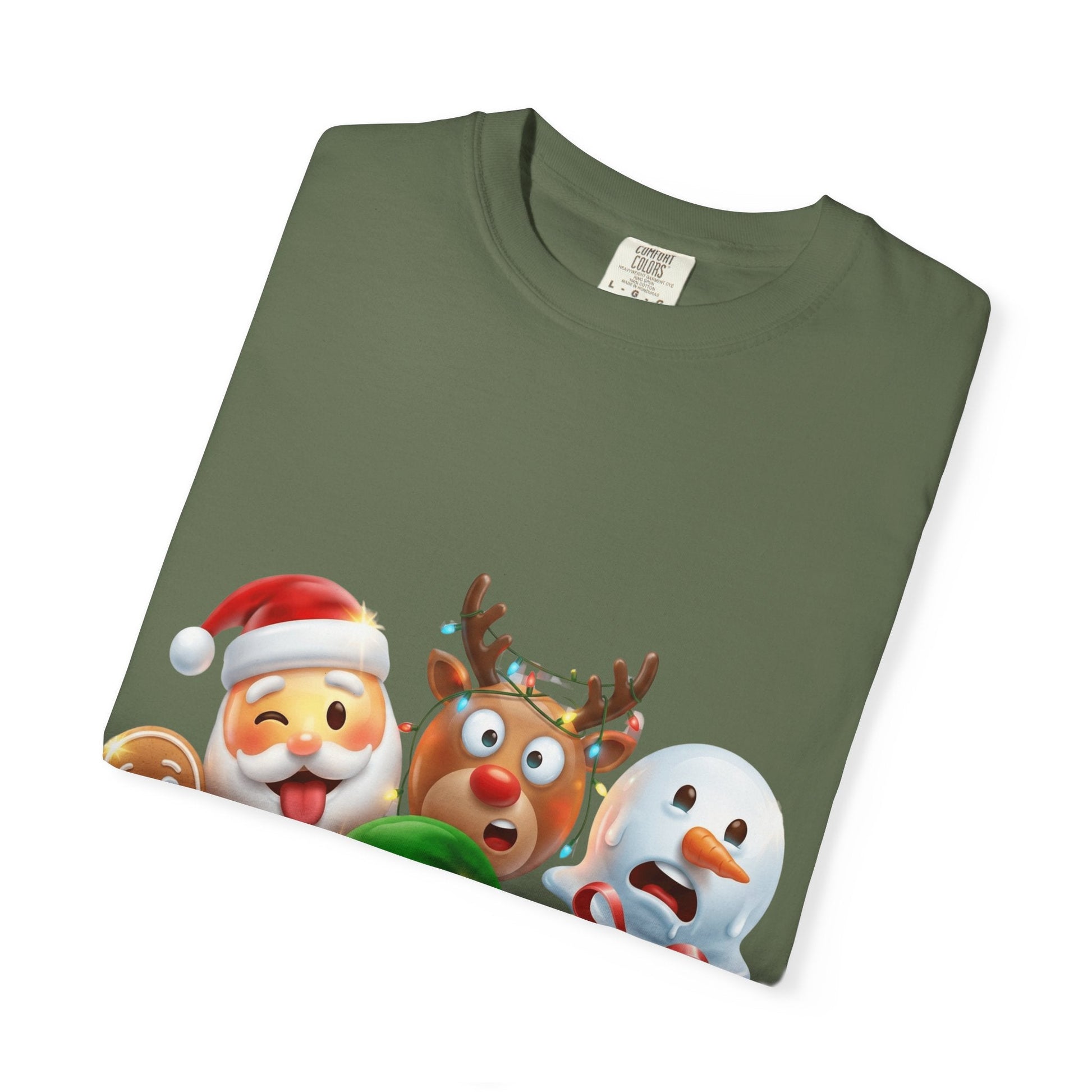Playful Christmas Emoji Characters T-shirt | Santa Reindeer Snowman Elf Gingerbread – Custom T-Shirt by PixelCraft360, unique decoration for events and special gifts