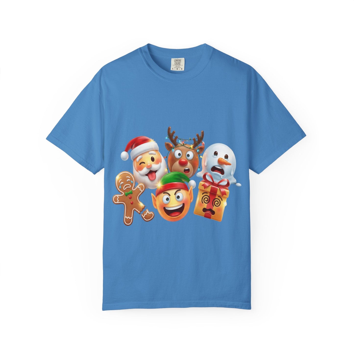 Playful Christmas Emoji Characters T-shirt | Santa Reindeer Snowman Elf Gingerbread – Custom T-Shirt by PixelCraft360, unique decoration for events and special gifts