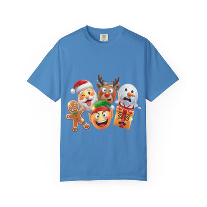 Playful Christmas Emoji Characters T-shirt | Santa Reindeer Snowman Elf Gingerbread – Custom T-Shirt by PixelCraft360, unique decoration for events and special gifts