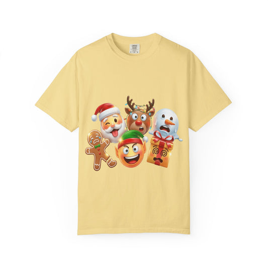 Playful Christmas Emoji Characters T-shirt | Santa Reindeer Snowman Elf Gingerbread – Custom T-Shirt by PixelCraft360, unique decoration for events and special gifts