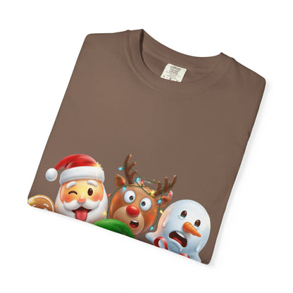 Playful Christmas Emoji Characters T-shirt | Santa Reindeer Snowman Elf Gingerbread – Custom T-Shirt by PixelCraft360, unique decoration for events and special gifts