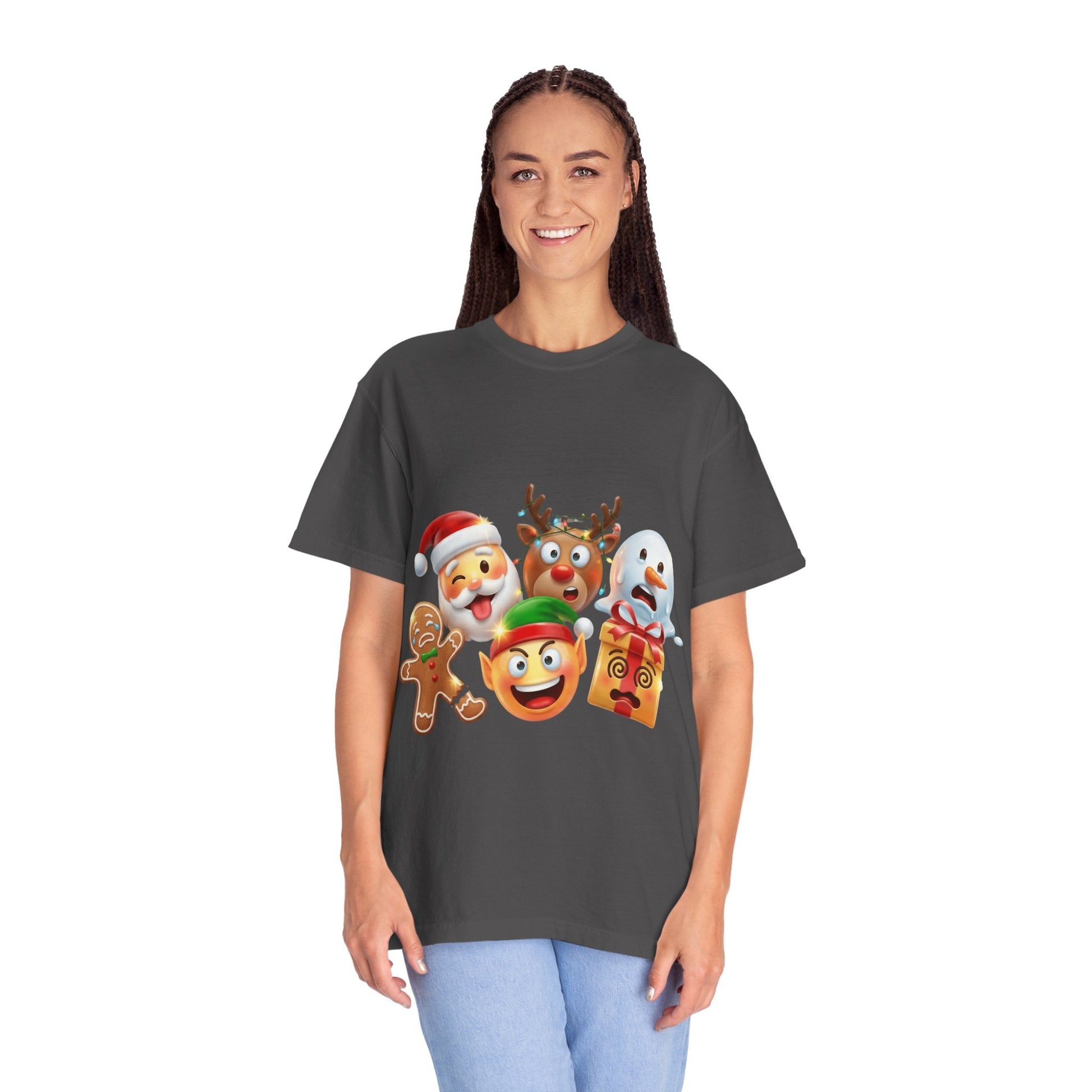 Playful Christmas Emoji Characters T-shirt | Santa Reindeer Snowman Elf Gingerbread – Custom T-Shirt by PixelCraft360, unique decoration for events and special gifts
