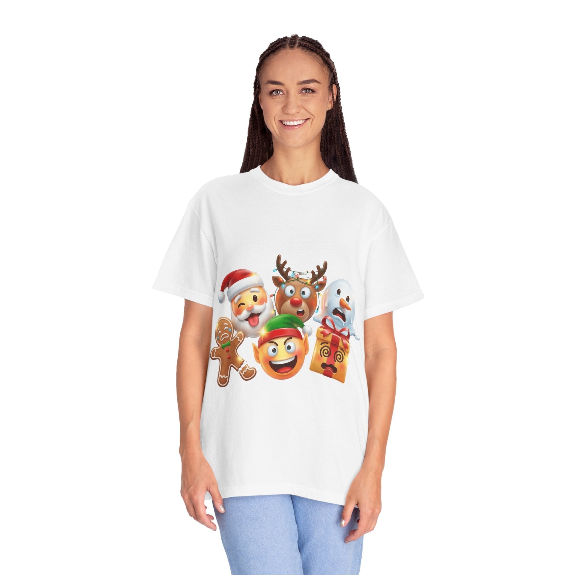 Playful Christmas Emoji Characters T-shirt | Santa Reindeer Snowman Elf Gingerbread – Custom T-Shirt by PixelCraft360, unique decoration for events and special gifts