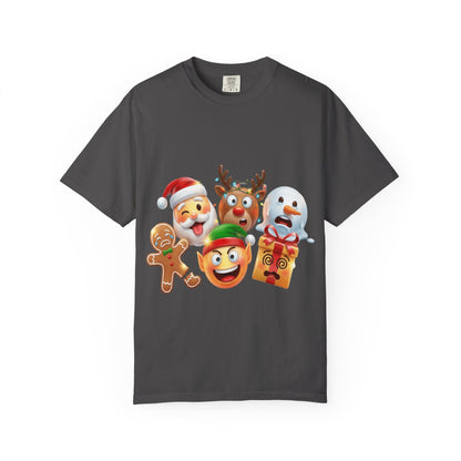 Playful Christmas Emoji Characters T-shirt | Santa Reindeer Snowman Elf Gingerbread – Custom T-Shirt by PixelCraft360, unique decoration for events and special gifts