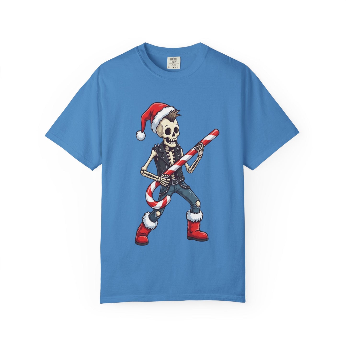 Punk Rock Santa Skeleton: Holiday Rebel Art, Edgy Christmas Character Design T-shirt – Custom T-Shirt by PixelCraft360, unique decoration for events and special gifts